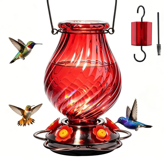 Main image of 32oz Large Glass Hummingbird Feeders for Outdoors Hanging,Large Capacity Red Hummingbird Feeder with Built-in Ant Moat,Glass Humming Bird Feeder,Gifts for Mom Dad,Outside Garden Décor