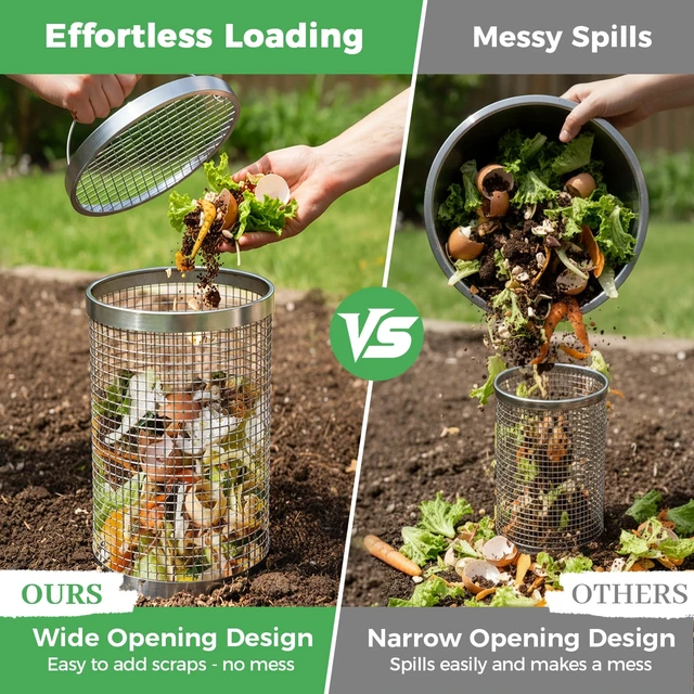 Alt view image 4 of 7 - 2 Pack Worm Composter Worm Bin, Stainless Steel Inground Compost Bin with Handle, Metal Worm Composting System for Kitchen Food Waste Recycling, Outdoor Garden Vermicomposting Bin w/Lid, Easy Install