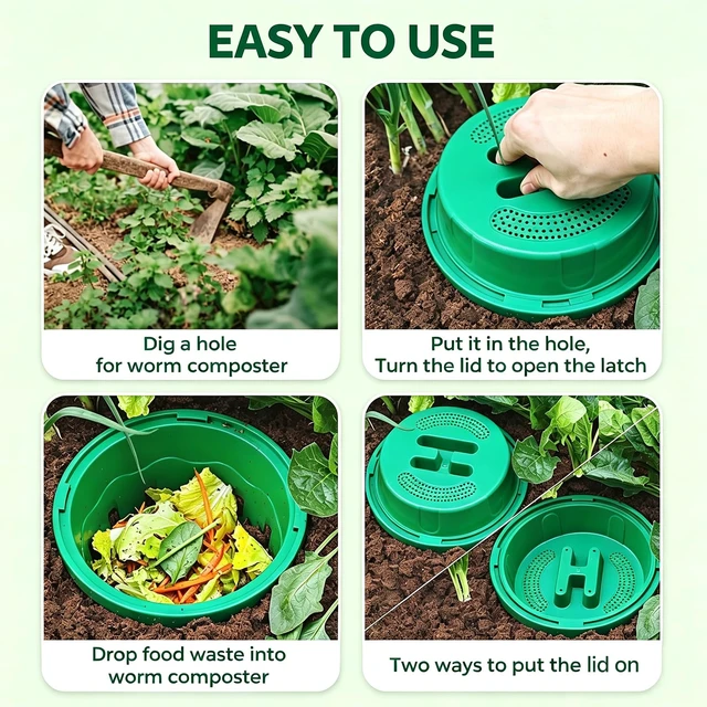 Alt view image 7 of 7 - 2-Pack Inground Worm Composter, 8L Underground Worm Farm with Aeration & Animal-Proof Lid, Food Waste Recycler for Garden Beds, Easy for Beginners, Green