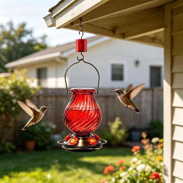 Alt view image 2 of 7 - 32oz Large Glass Hummingbird Feeders for Outdoors Hanging,Large Capacity Red Hummingbird Feeder with Built-in Ant Moat,Glass Humming Bird Feeder,Gifts for Mom Dad,Outside Garden Décor