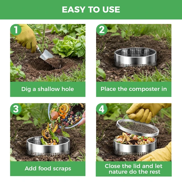 Alt view image 5 of 7 - 2 Pack Worm Composter Worm Bin, Stainless Steel Inground Compost Bin with Handle, Metal Worm Composting System for Kitchen Food Waste Recycling, Outdoor Garden Vermicomposting Bin w/Lid, Easy Install