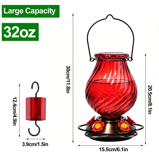 Alt view image 3 of 7 - 32oz Large Glass Hummingbird Feeders for Outdoors Hanging,Large Capacity Red Hummingbird Feeder with Built-in Ant Moat,Glass Humming Bird Feeder,Gifts for Mom Dad,Outside Garden Décor