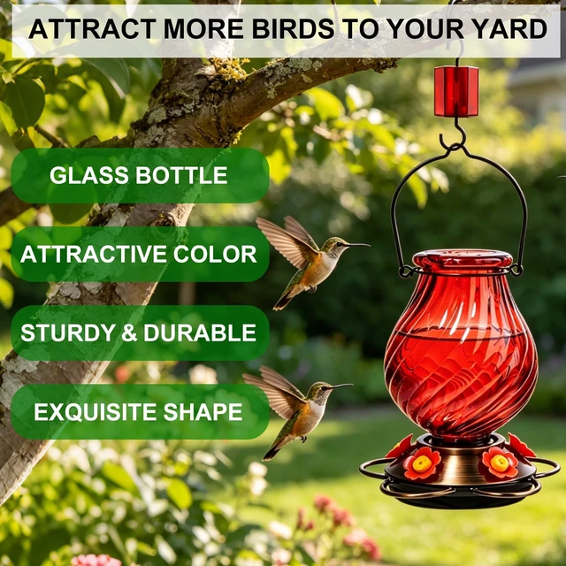 Alt view image 4 of 7 - 32oz Large Glass Hummingbird Feeders for Outdoors Hanging,Large Capacity Red Hummingbird Feeder with Built-in Ant Moat,Glass Humming Bird Feeder,Gifts for Mom Dad,Outside Garden Décor