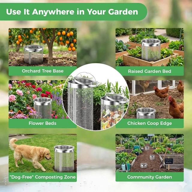Alt view image 6 of 7 - 2 Pack Worm Composter Worm Bin, Stainless Steel Inground Compost Bin with Handle, Metal Worm Composting System for Kitchen Food Waste Recycling, Outdoor Garden Vermicomposting Bin w/Lid, Easy Install