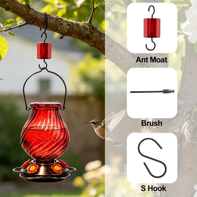 Alt view image 5 of 7 - 32oz Large Glass Hummingbird Feeders for Outdoors Hanging,Large Capacity Red Hummingbird Feeder with Built-in Ant Moat,Glass Humming Bird Feeder,Gifts for Mom Dad,Outside Garden Décor