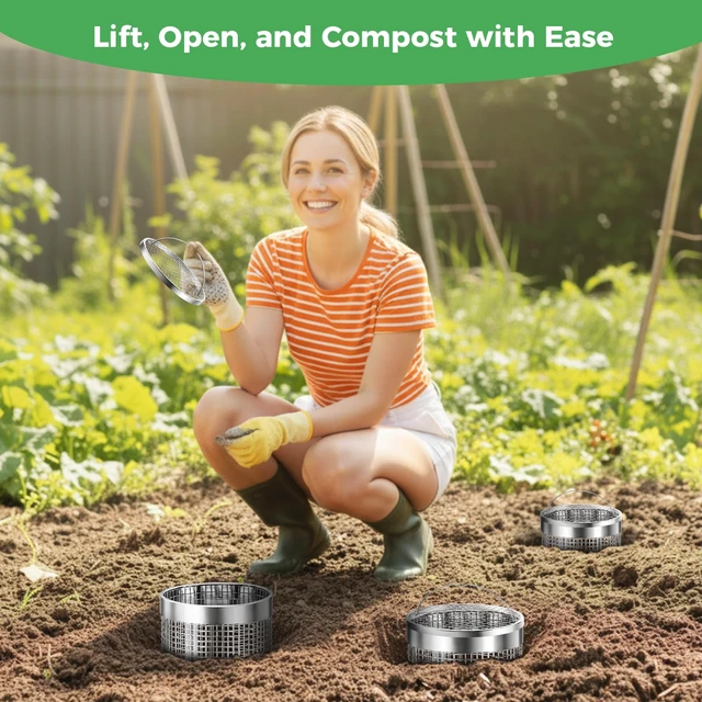 Alt view image 7 of 7 - 2 Pack Worm Composter Worm Bin, Stainless Steel Inground Compost Bin with Handle, Metal Worm Composting System for Kitchen Food Waste Recycling, Outdoor Garden Vermicomposting Bin w/Lid, Easy Install