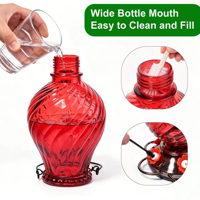 Alt view image 6 of 7 - 32oz Large Glass Hummingbird Feeders for Outdoors Hanging,Large Capacity Red Hummingbird Feeder with Built-in Ant Moat,Glass Humming Bird Feeder,Gifts for Mom Dad,Outside Garden Décor