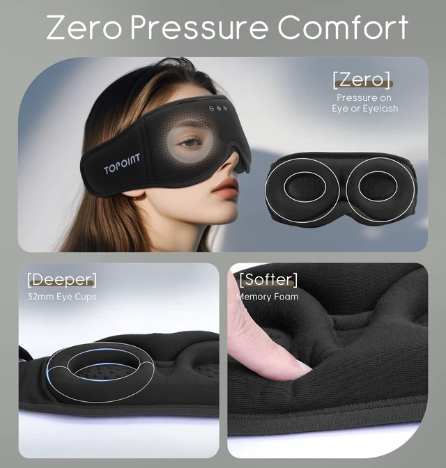Alt view image 4 of 7 - Sleep Mask with Headphones Bluetooth 5.4, TOPOINT 3D Eye Mask Blackout with Soft Bamboo Cotton for Side Sleepers Women Men, Sleep Headphones Earphones HD Speaker Microphone for Travel Meditation Gift