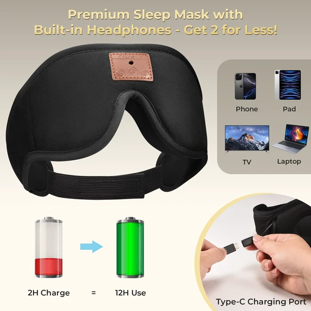 Alt view image 5 of 7 - 2-Pack 3D Sleep Mask with Bluetooth Headphones, Sleep Headphones, Bluetooth Sleep Eye Mask with Adjustable Hook and Loop, Ultra-Thin Stereo Speakers Perfect for Men/Women Sleeping Gifts