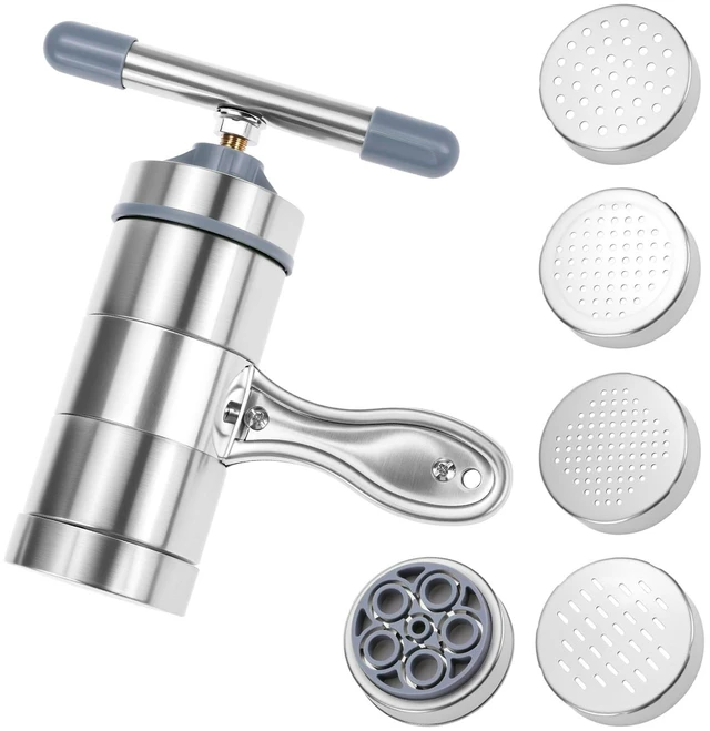 Main image of QWORK Stainless Steel Noodle Maker, Manual Pasta Machine with 5 Noodle Moulds, Pasta Press Noodle Machine