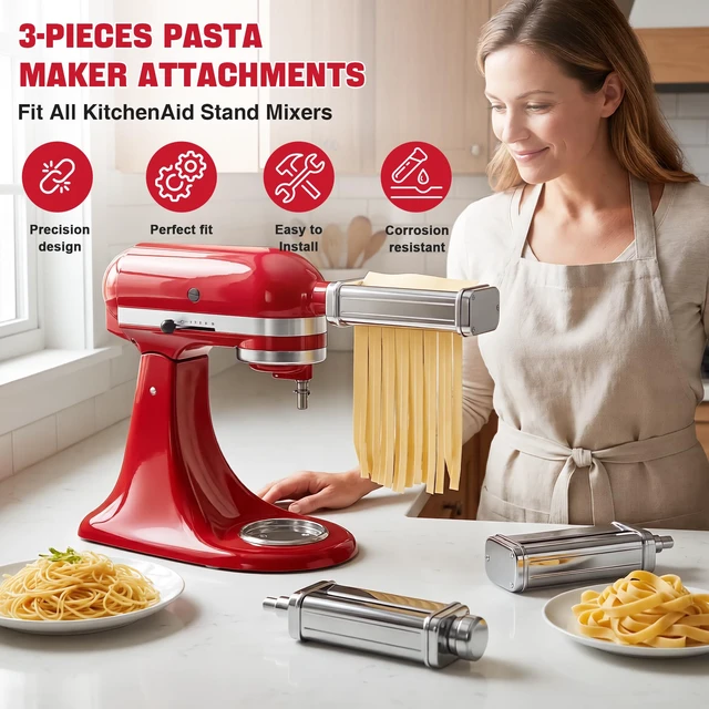 Alt view image 2 of 7 - 3PCS Pasta Maker Attachment for KitchenAid Stand Mixers, Stainless Steel Pasta Roller with Spaghetti & Fettuccine Cutter, 8 Adjustable Thickness Compatible with All KitchenAid Mixers