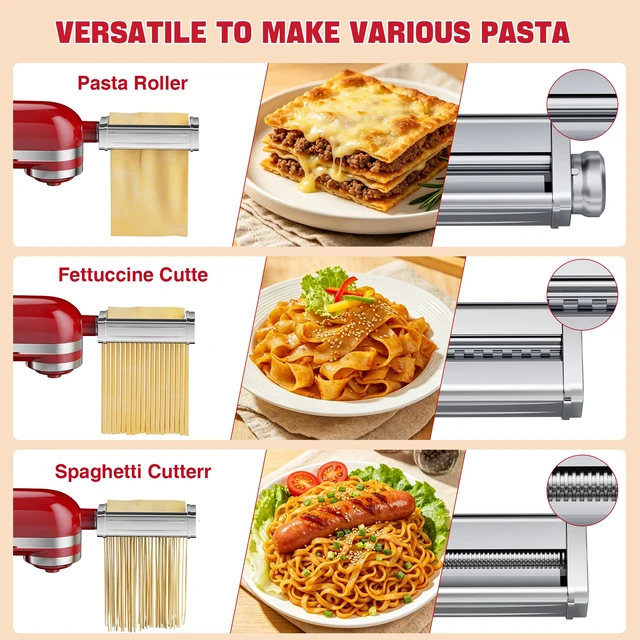 Alt view image 3 of 7 - 3PCS Pasta Maker Attachment for KitchenAid Stand Mixers, Stainless Steel Pasta Roller with Spaghetti & Fettuccine Cutter, 8 Adjustable Thickness Compatible with All KitchenAid Mixers