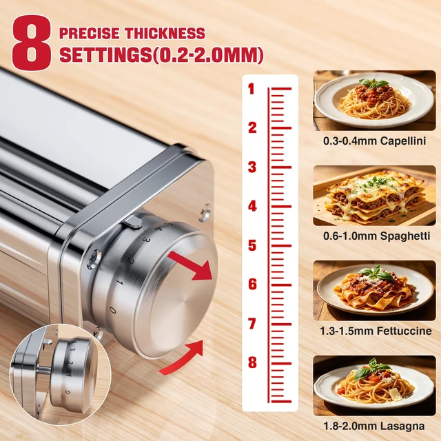 Alt view image 4 of 7 - 3PCS Pasta Maker Attachment for KitchenAid Stand Mixers, Stainless Steel Pasta Roller with Spaghetti & Fettuccine Cutter, 8 Adjustable Thickness Compatible with All KitchenAid Mixers