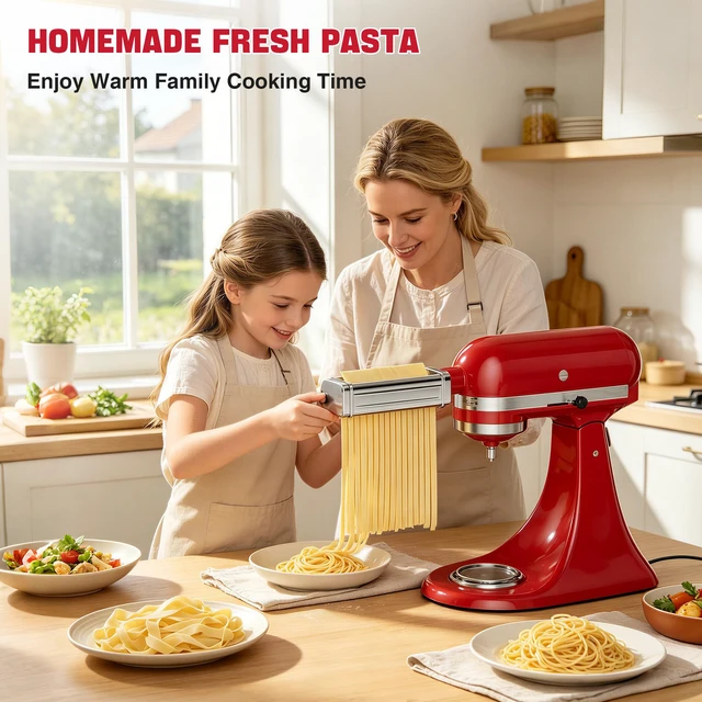 Alt view image 5 of 7 - 3PCS Pasta Maker Attachment for KitchenAid Stand Mixers, Stainless Steel Pasta Roller with Spaghetti & Fettuccine Cutter, 8 Adjustable Thickness Compatible with All KitchenAid Mixers