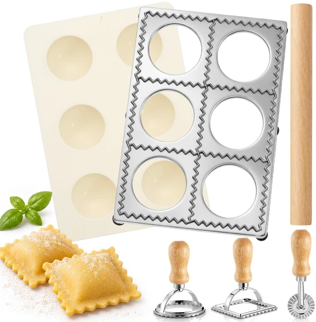 Main image of Geetery 5 Pcs Ravioli Mold Set 2.7 Inch Squares Ravioli Maker Cutter Include 1 Raviolis Maker Press 3 Pasta Cutter Stamp Makers 1 Wood Rolling Pin Pasta Making Tool for Home Kitchen Supplies (6 Holes)