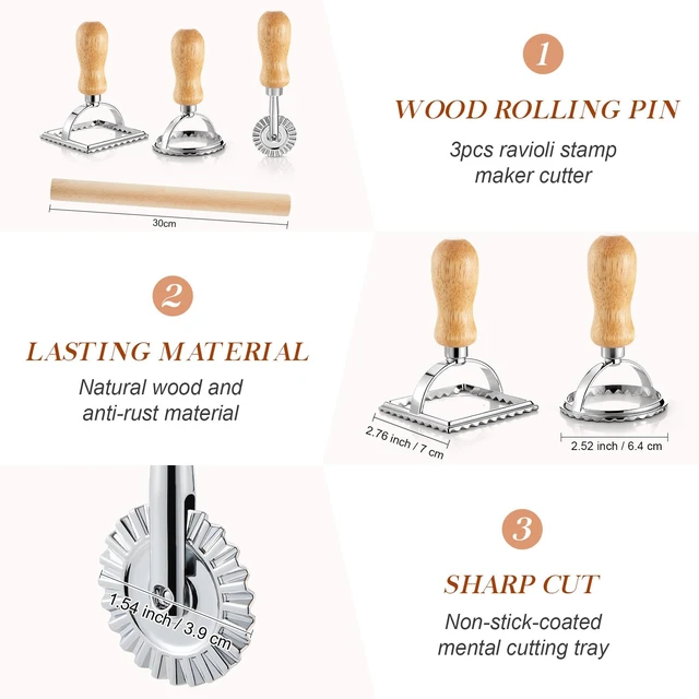Alt view image 3 of 7 - Geetery 5 Pcs Ravioli Mold Set 2.7 Inch Squares Ravioli Maker Cutter Include 1 Raviolis Maker Press 3 Pasta Cutter Stamp Makers 1 Wood Rolling Pin Pasta Making Tool for Home Kitchen Supplies (6 Holes)
