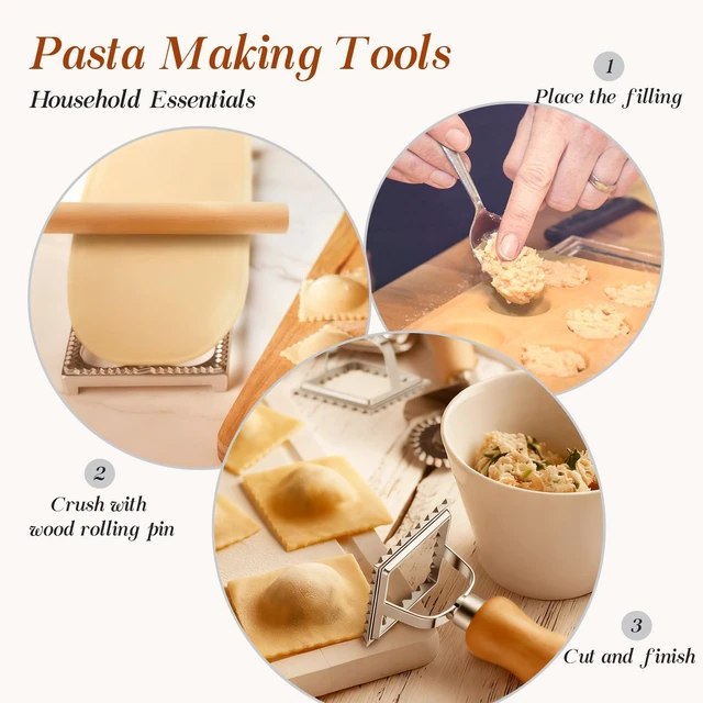 Alt view image 5 of 7 - Geetery 5 Pcs Ravioli Mold Set 2.7 Inch Squares Ravioli Maker Cutter Include 1 Raviolis Maker Press 3 Pasta Cutter Stamp Makers 1 Wood Rolling Pin Pasta Making Tool for Home Kitchen Supplies (6 Holes)