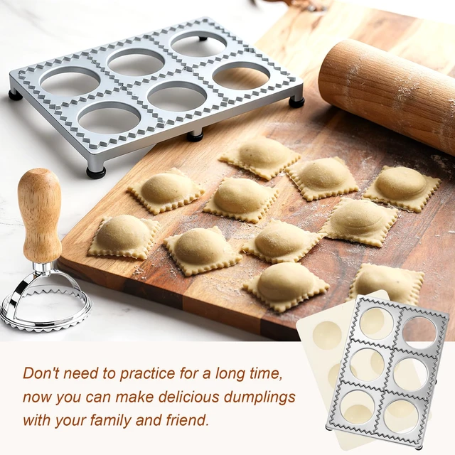Alt view image 6 of 7 - Geetery 5 Pcs Ravioli Mold Set 2.7 Inch Squares Ravioli Maker Cutter Include 1 Raviolis Maker Press 3 Pasta Cutter Stamp Makers 1 Wood Rolling Pin Pasta Making Tool for Home Kitchen Supplies (6 Holes)