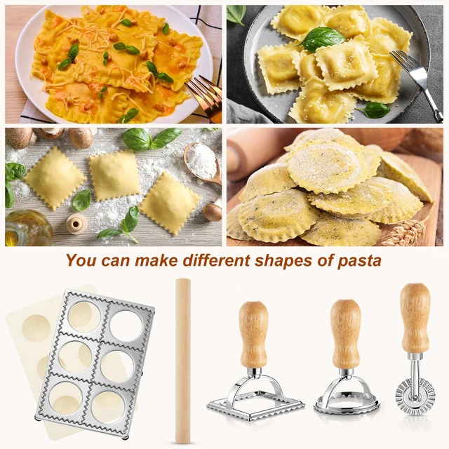 Alt view image 7 of 7 - Geetery 5 Pcs Ravioli Mold Set 2.7 Inch Squares Ravioli Maker Cutter Include 1 Raviolis Maker Press 3 Pasta Cutter Stamp Makers 1 Wood Rolling Pin Pasta Making Tool for Home Kitchen Supplies (6 Holes)