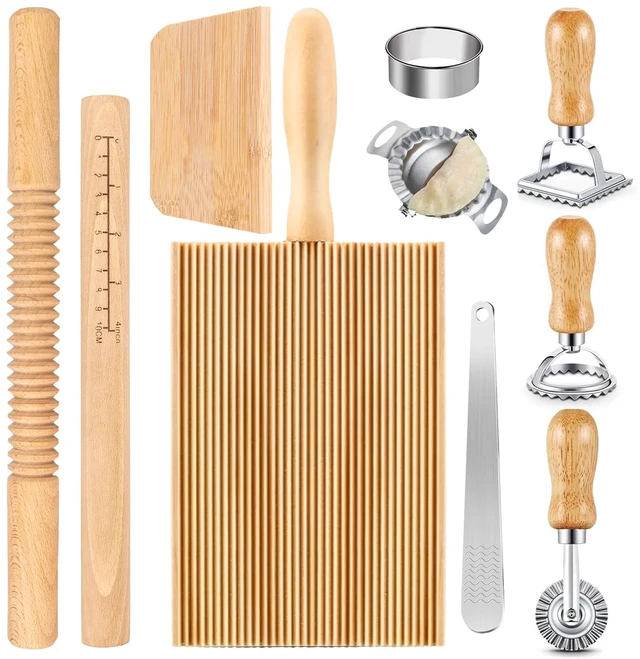 Main image of 10 Pcs Pasta Making Tools Kit, Wooden Threaded Rolling Pin, Rolling Pin With Scales, Gnocchi Board, Dough Scraper, Dumpling Maker, 5 Ravioli Stamp Maker Cutter For Pasta Maker And Kitchen DIY Gift