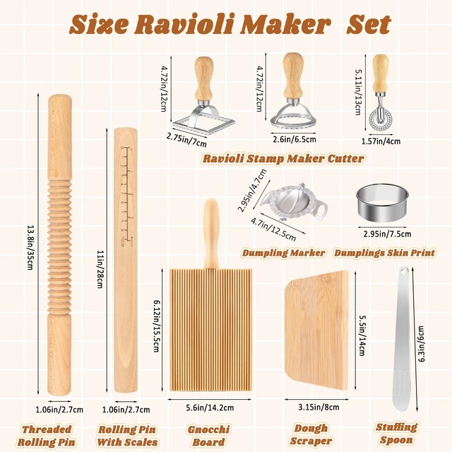 Alt view image 2 of 6 - 10 Pcs Pasta Making Tools Kit, Wooden Threaded Rolling Pin, Rolling Pin With Scales, Gnocchi Board, Dough Scraper, Dumpling Maker, 5 Ravioli Stamp Maker Cutter For Pasta Maker And Kitchen DIY Gift