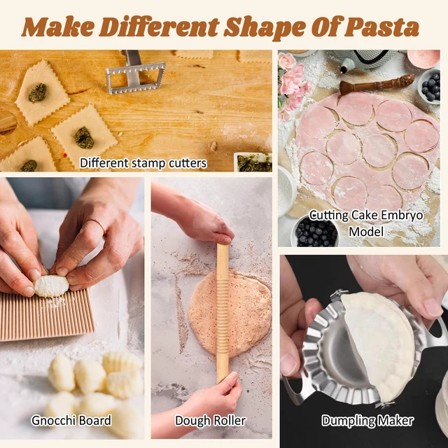 Alt view image 3 of 6 - 10 Pcs Pasta Making Tools Kit, Wooden Threaded Rolling Pin, Rolling Pin With Scales, Gnocchi Board, Dough Scraper, Dumpling Maker, 5 Ravioli Stamp Maker Cutter For Pasta Maker And Kitchen DIY Gift