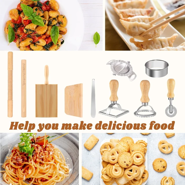Alt view image 4 of 6 - 10 Pcs Pasta Making Tools Kit, Wooden Threaded Rolling Pin, Rolling Pin With Scales, Gnocchi Board, Dough Scraper, Dumpling Maker, 5 Ravioli Stamp Maker Cutter For Pasta Maker And Kitchen DIY Gift