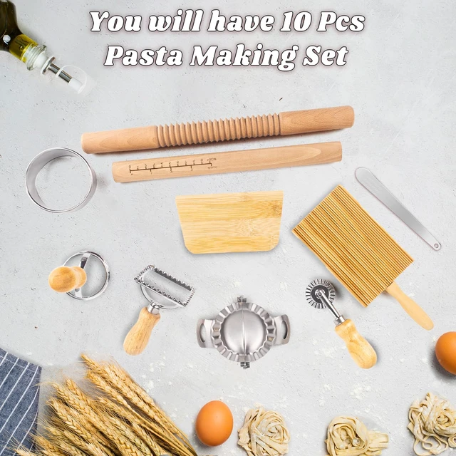 Alt view image 5 of 6 - 10 Pcs Pasta Making Tools Kit, Wooden Threaded Rolling Pin, Rolling Pin With Scales, Gnocchi Board, Dough Scraper, Dumpling Maker, 5 Ravioli Stamp Maker Cutter For Pasta Maker And Kitchen DIY Gift