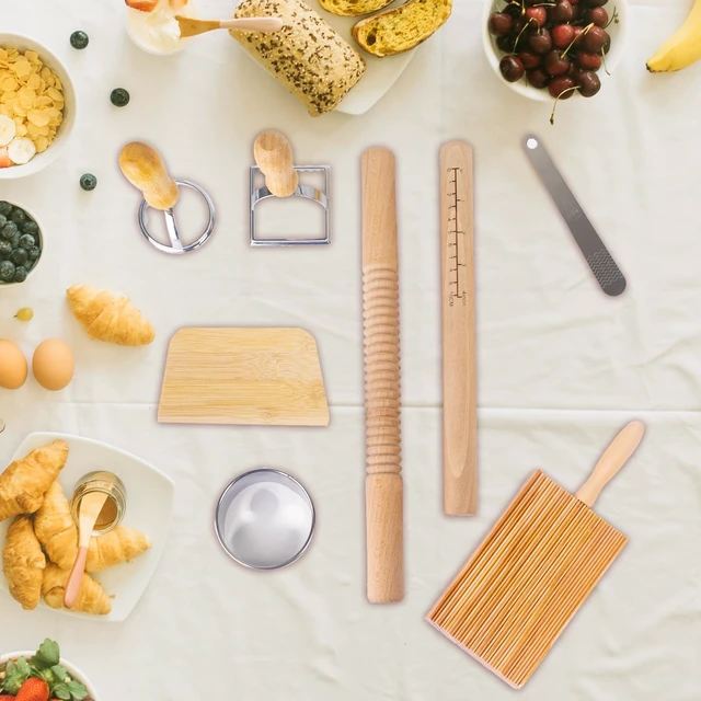 Alt view image 6 of 6 - 10 Pcs Pasta Making Tools Kit, Wooden Threaded Rolling Pin, Rolling Pin With Scales, Gnocchi Board, Dough Scraper, Dumpling Maker, 5 Ravioli Stamp Maker Cutter For Pasta Maker And Kitchen DIY Gift