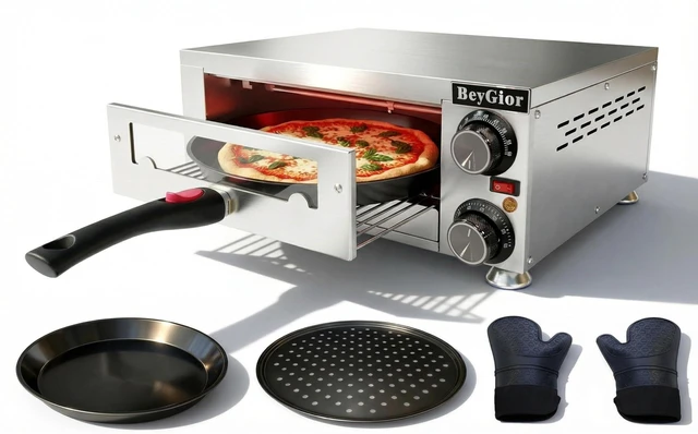 Main image of Electric Pizza Oven Indoor,12 inch Countertop Pizza Maker with Viewing Window,Stainless Steel Commercial Pizza Oven, Removable Handle,Dual Baking Trays and Oven Mitts