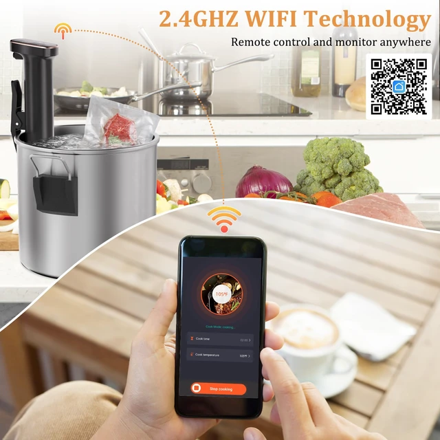 Alt view image 2 of 7 - Sous Vide Machine, WiFi APP Recipes Included, Sous Vide Cooker 1100W, Immersion Circulator Precisional Cooker with Accurate Temperature, Ultra Quiet, IPX7 Waterproof, Fast Heating and Time Control