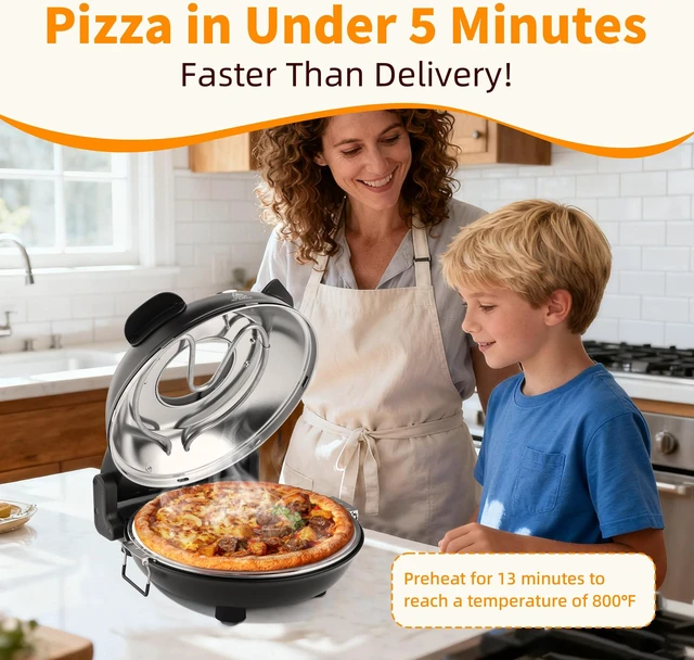 Alt view image 4 of 7 - Electric-Pizza-Oven, 12'' Indoor-Electric-Pizza-Maker, 1200W, Black