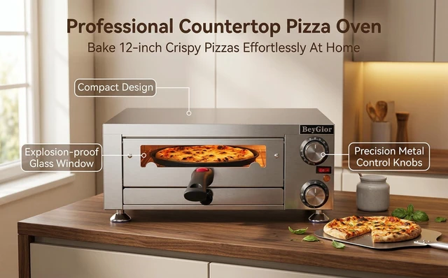 Alt view image 5 of 7 - Electric Pizza Oven Indoor,12 inch Countertop Pizza Maker with Viewing Window,Stainless Steel Commercial Pizza Oven, Removable Handle,Dual Baking Trays and Oven Mitts