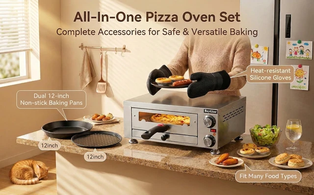 Alt view image 6 of 7 - Electric Pizza Oven Indoor,12 inch Countertop Pizza Maker with Viewing Window,Stainless Steel Commercial Pizza Oven, Removable Handle,Dual Baking Trays and Oven Mitts