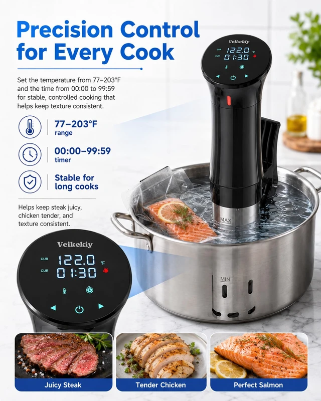 Alt view image 5 of 7 - 1100W Sous Vide Cooker with Precision Temperature Control & Digital Timer