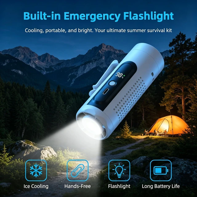 Alt view image 4 of 7 - Clip On Handheld Turbo Fan with Flashlight and Cooling, 3-in-1 Waist-Hanging/Desktop/Clip-on Personal Fan, USB-C Rechargeable Long-Lasting Battery for Travel Camping