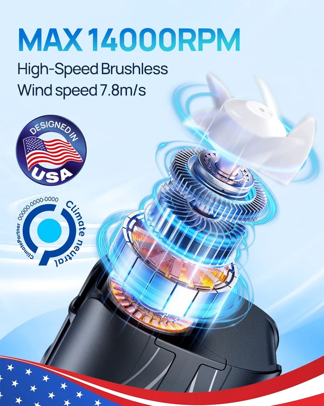 Alt view image 2 of 7 - Portable Personal Waist Fan& Neck Fan, 14000RPM Brushless Motor, 40H Runtime Rechargeable, 6-Speed Quiet Operation, Clip-On Personal Body Cooling for Camping/Worksites/Outdoor