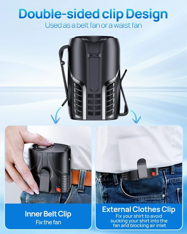 Alt view image 6 of 7 - Portable Personal Waist Fan& Neck Fan, 14000RPM Brushless Motor, 40H Runtime Rechargeable, 6-Speed Quiet Operation, Clip-On Personal Body Cooling for Camping/Worksites/Outdoor
