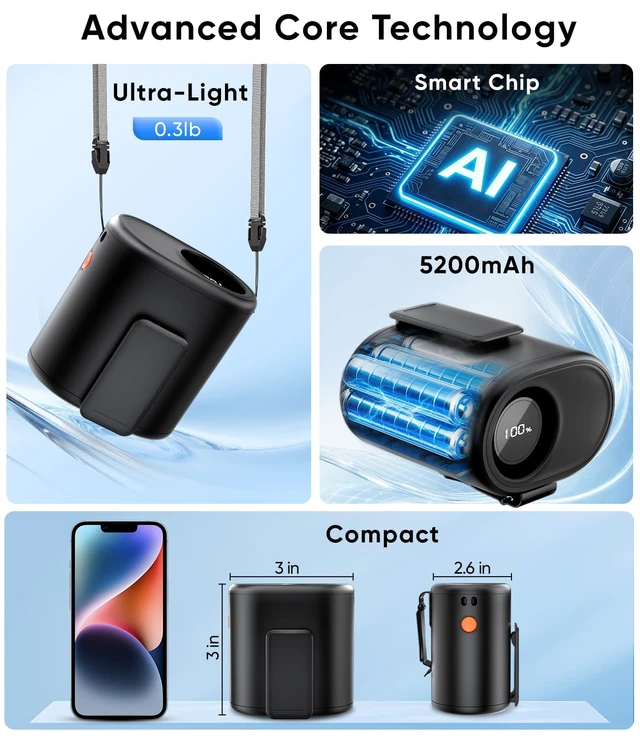 Alt view image 6 of 7 - AI Portable Waist Fan, 15,000RPM, 30H Cooling Hands-Free Personal Fan