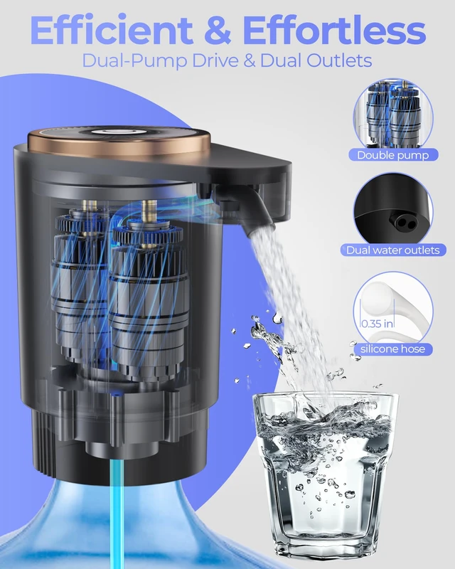 Alt view image 3 of 7 - Water Jug Pump for 5 Gallon Bottle Portable Electric USB-C Charging Dispenser, Dual Powerful Motors, Fast Flow, Fits 2-5 Gallon Jugs Ideal for Home, Office, Camping, RV, Black