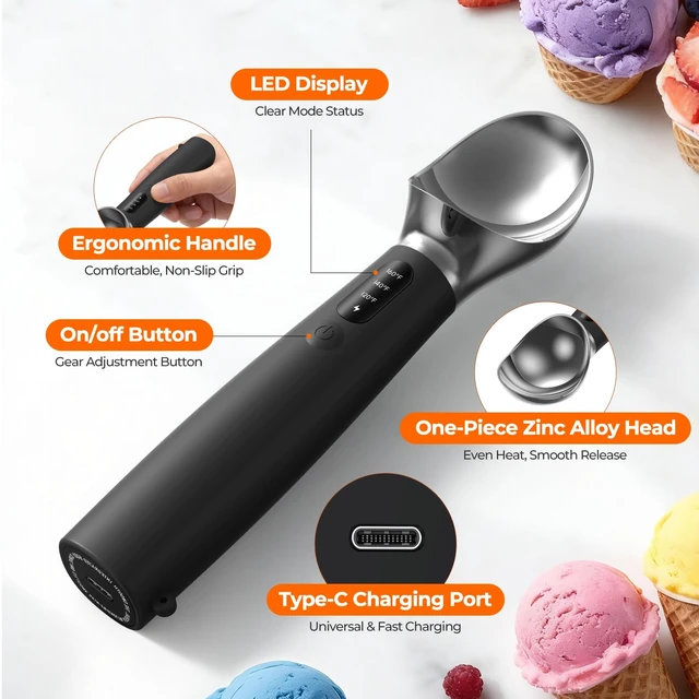 Alt view image 3 of 7 - Heated Ice Cream Scoop with On/Off Switch, Electric Ice Cream Scooper for Hardened Ice Cream, Gelato, Sorbet, Melon, Waterproof IPX7, Handheld Heating Up to 160°F, Rechargeable with LED Display, Black