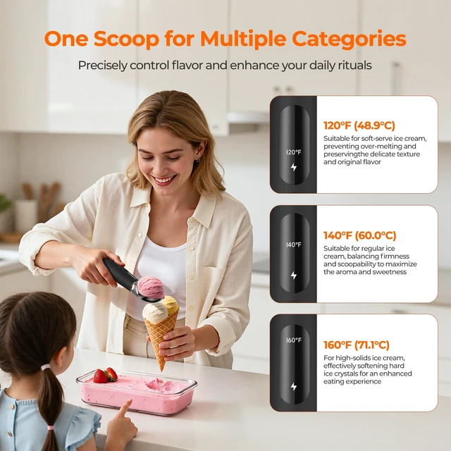 Alt view image 4 of 7 - Heated Ice Cream Scoop with On/Off Switch, Electric Ice Cream Scooper for Hardened Ice Cream, Gelato, Sorbet, Melon, Waterproof IPX7, Handheld Heating Up to 160°F, Rechargeable with LED Display, Black