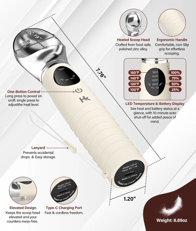 Alt view image 2 of 7 - Heated Ice Cream Scoop with Removable Head, 2500mAh Electric Ice Cream Scooper with 4-Temp Settings, LED Display & IPX6 Waterproof, Perfect for Hard Ice Cream and Frozen Yogurt