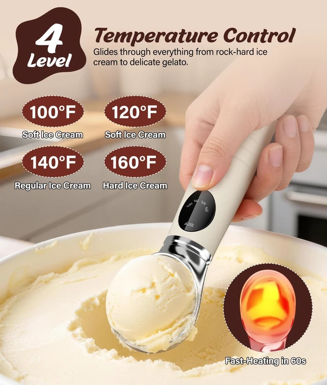 Alt view image 3 of 7 - Heated Ice Cream Scoop with Removable Head, 2500mAh Electric Ice Cream Scooper with 4-Temp Settings, LED Display & IPX6 Waterproof, Perfect for Hard Ice Cream and Frozen Yogurt
