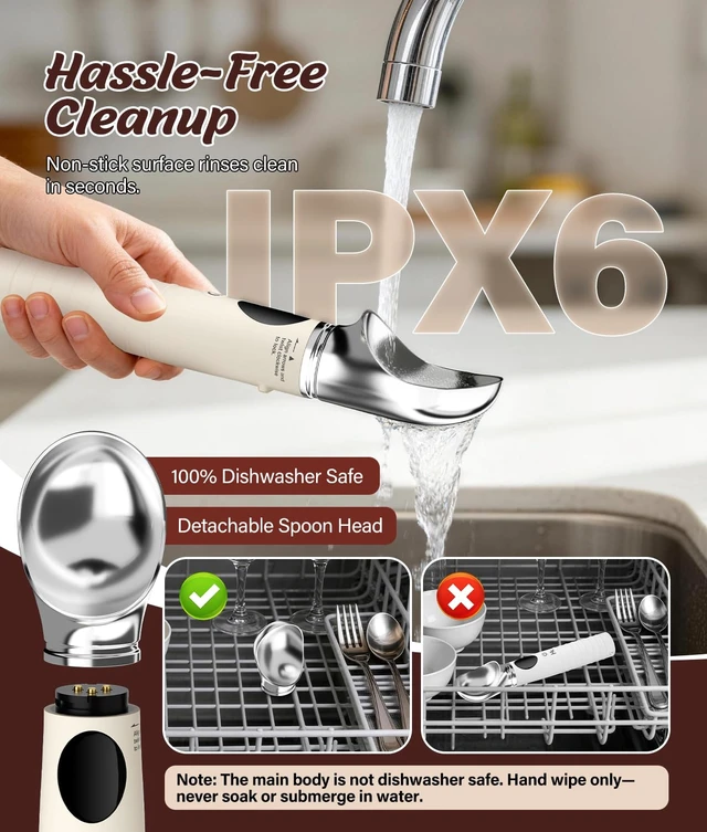 Alt view image 5 of 7 - Heated Ice Cream Scoop with Removable Head, 2500mAh Electric Ice Cream Scooper with 4-Temp Settings, LED Display & IPX6 Waterproof, Perfect for Hard Ice Cream and Frozen Yogurt