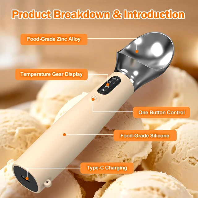 Alt view image 3 of 7 - Heated Ice Cream Scoop, 3-Temp Electric Cordless Warming Scooper