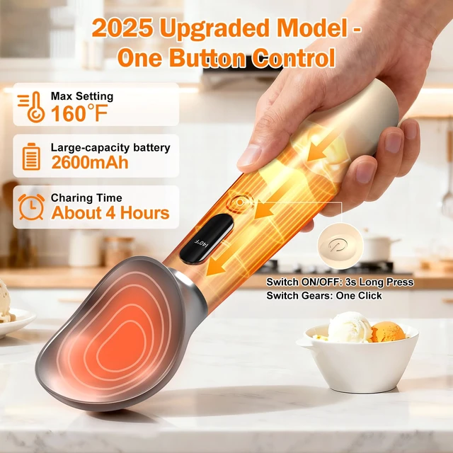 Alt view image 5 of 7 - Heated Ice Cream Scoop, 3-Temp Electric Cordless Warming Scooper
