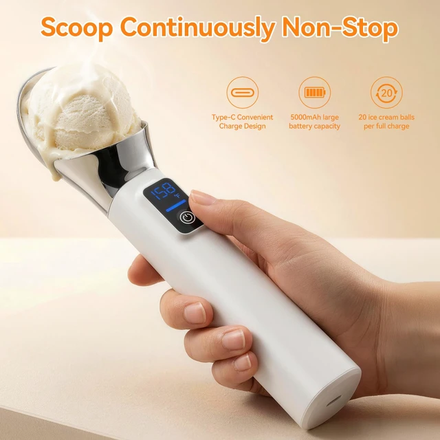 Alt view image 4 of 7 - TechRise Heated Ice Cream Scoop, 5000mAh Rechargeable Ice Cream Scooper with LED Display, Heats Up to 158°F for Hard Frozen Ice Cream, IP67 Waterproof, Easy Scoop for Seniors & Kids, Ideal Gift, 2oz