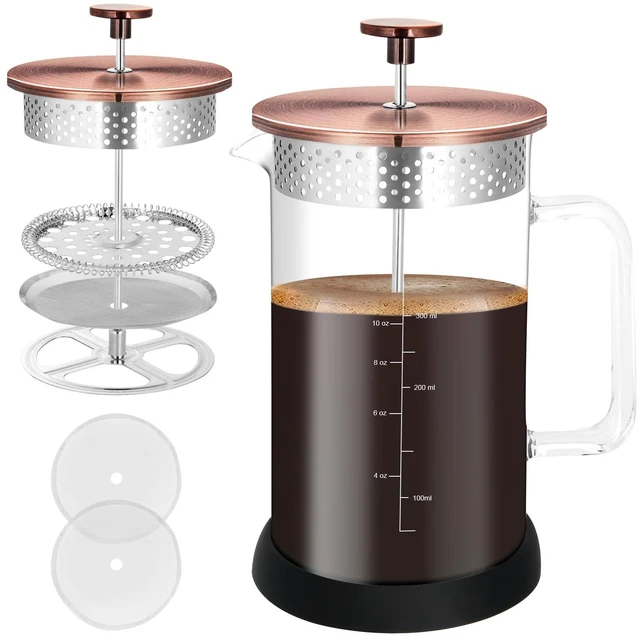 Main image of Mini French Press Coffee Maker-304 Stainless Steel Grilles, Borosilicate Glass Small Coffee Press,Non-slip Silicone Base-12 oz /350 ml with 2 Filter Screen-2 Cup Teapot