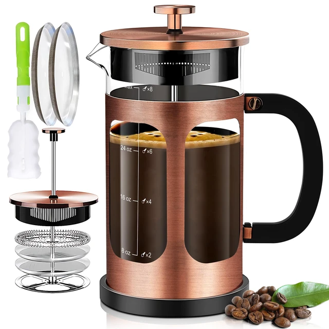 Main image of YMMIND French Press Coffee Maker (34oz 1Quart 5-6Cup) Coffee Press, with 4 Filters System, Heat Resistant Thickness Borosilicate Glass, Cold Brew Coffee Tea Pot Gifts (Copper)